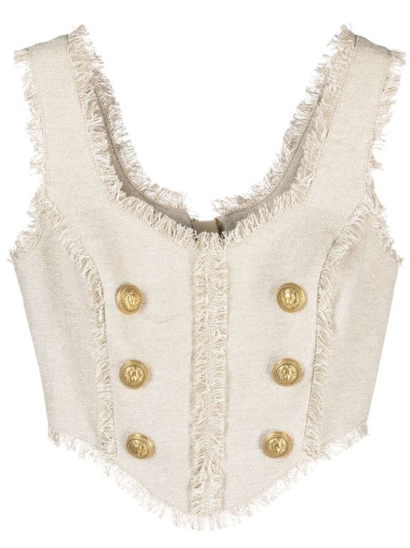 Balmain button-embellished frayed top