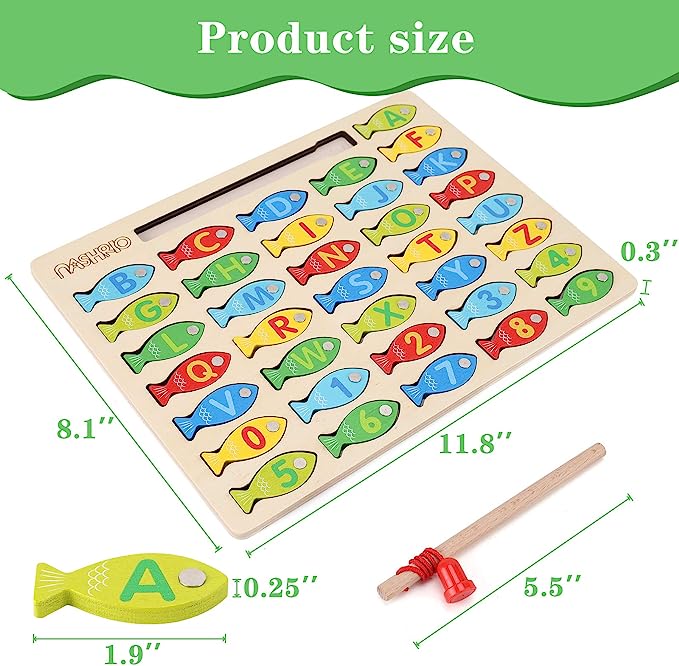 Magnetic Wooden Fishing Game Toy for Toddlers, Alphabet Fish Catching Counting Games Puzzle with Numbers and Letters, Preschool Learning ABC and Math Educational Toys for 3 4 5 Years Old Girl Boy Kids