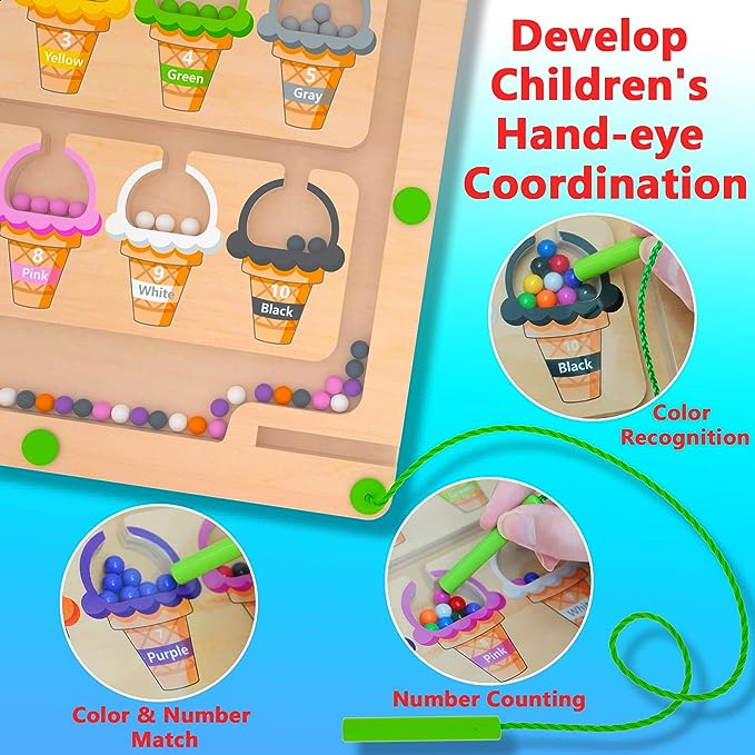 MTYOKILN Magnetic Color & Number Maze – Montessori Wooden Color Matching Learning Counting Puzzle Board – Toddler Fine Motor Skills Toys for Boys Girls 3 4 5 Years Old