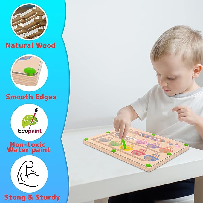 MTYOKILN Magnetic Color & Number Maze – Montessori Wooden Color Matching Learning Counting Puzzle Board – Toddler Fine Motor Skills Toys for Boys Girls 3 4 5 Years Old