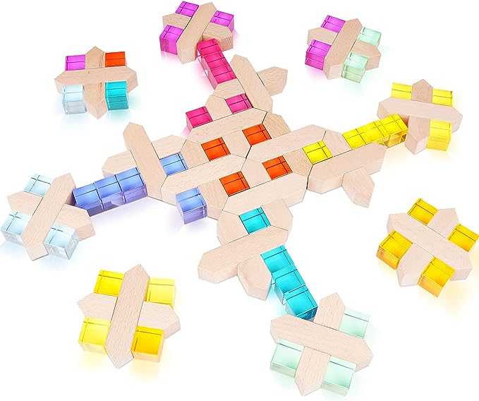 Agirlgle Wooden Rainbow Building Blocks Cube Gem Stacking Blocks Toy – Colorful Montessori Rainbow Stacker Toy Elegant Wood Rainbow Cube Blocks- Acrylic Blocks Educational Toys for Toddlers- 80Pcs