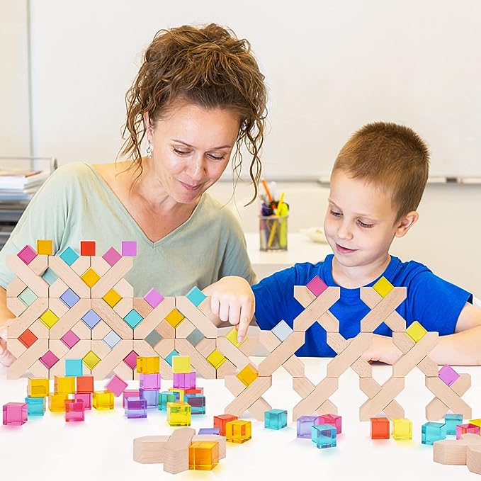Agirlgle Wooden Rainbow Building Blocks Cube Gem Stacking Blocks Toy – Colorful Montessori Rainbow Stacker Toy Elegant Wood Rainbow Cube Blocks- Acrylic Blocks Educational Toys for Toddlers- 80Pcs