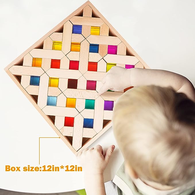 Agirlgle Wooden Rainbow Building Blocks Cube Gem Stacking Blocks Toy – Colorful Montessori Rainbow Stacker Toy Elegant Wood Rainbow Cube Blocks- Acrylic Blocks Educational Toys for Toddlers- 80Pcs