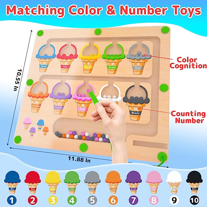 MTYOKILN Magnetic Color & Number Maze – Montessori Wooden Color Matching Learning Counting Puzzle Board – Toddler Fine Motor Skills Toys for Boys Girls 3 4 5 Years Old