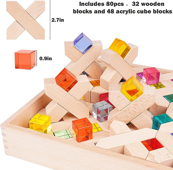 Agirlgle Wooden Rainbow Building Blocks Cube Gem Stacking Blocks Toy – Colorful Montessori Rainbow Stacker Toy Elegant Wood Rainbow Cube Blocks- Acrylic Blocks Educational Toys for Toddlers- 80Pcs