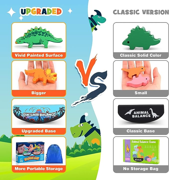 IPOURUP Dinosaur Toys for Kids 3-5: Wooden Stacking Montessori Toys for 3-7 Year Old Balance Competition Game for Family Ideal Christmas and Birthday Gifts for Kids (Double Version)