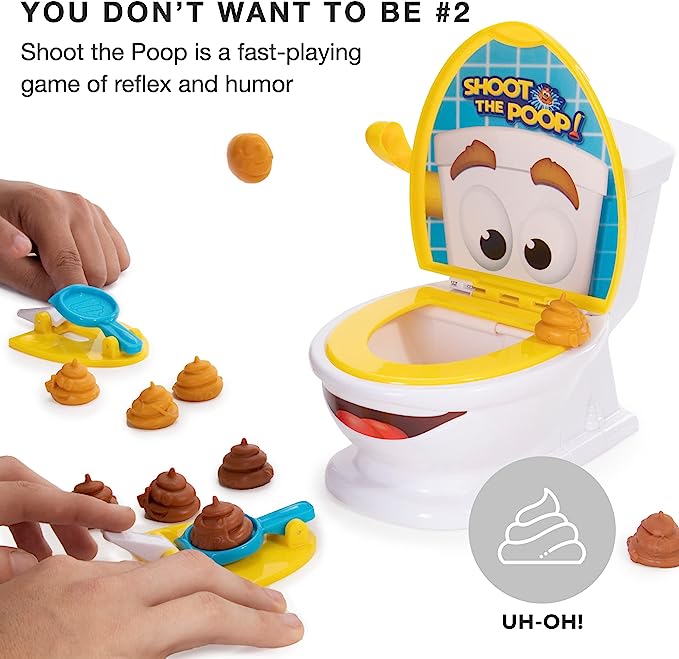 The Original Shoot The Poop – Funny Family Game – Fast and Frenzied Flushing Poop Game with Fun Sounds for Kids – Includes Talking Toilet Bowl, Dexterity Launchers, 12 Soft Plastic Toy Poops