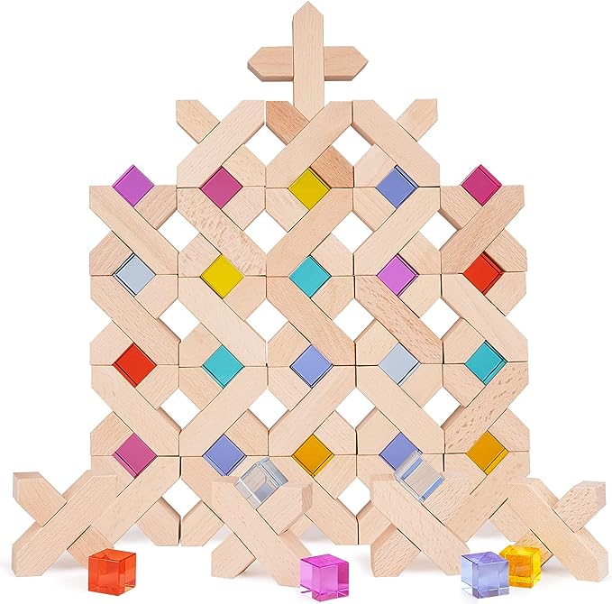 Agirlgle Wooden Rainbow Building Blocks Cube Gem Stacking Blocks Toy – Colorful Montessori Rainbow Stacker Toy Elegant Wood Rainbow Cube Blocks- Acrylic Blocks Educational Toys for Toddlers- 80Pcs