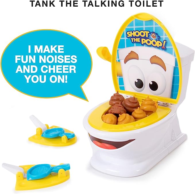 The Original Shoot The Poop – Funny Family Game – Fast and Frenzied Flushing Poop Game with Fun Sounds for Kids – Includes Talking Toilet Bowl, Dexterity Launchers, 12 Soft Plastic Toy Poops