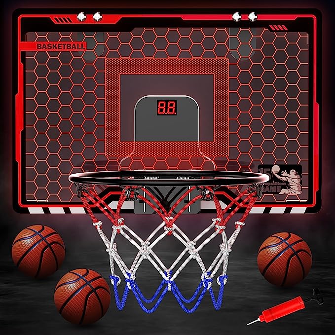 HopeRock Indoor Basketball Hoop for Kids, Indoor Over The Door Mini Basketball Hoops, LED Light Mini Hoop with Electronic Scoreboard, Basketball Game Toys Gifts for 5 6 7 8 9 10 11 12+ Year Old Boys