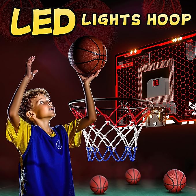 HopeRock Indoor Basketball Hoop for Kids, Indoor Over The Door Mini Basketball Hoops, LED Light Mini Hoop with Electronic Scoreboard, Basketball Game Toys Gifts for 5 6 7 8 9 10 11 12+ Year Old Boys