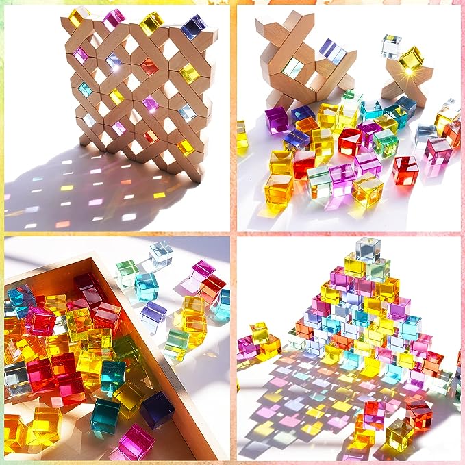 Agirlgle Wooden Rainbow Building Blocks Cube Gem Stacking Blocks Toy – Colorful Montessori Rainbow Stacker Toy Elegant Wood Rainbow Cube Blocks- Acrylic Blocks Educational Toys for Toddlers- 80Pcs