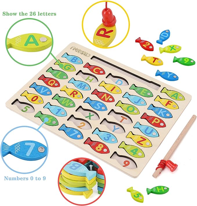 Magnetic Wooden Fishing Game Toy for Toddlers, Alphabet Fish Catching Counting Games Puzzle with Numbers and Letters, Preschool Learning ABC and Math Educational Toys for 3 4 5 Years Old Girl Boy Kids