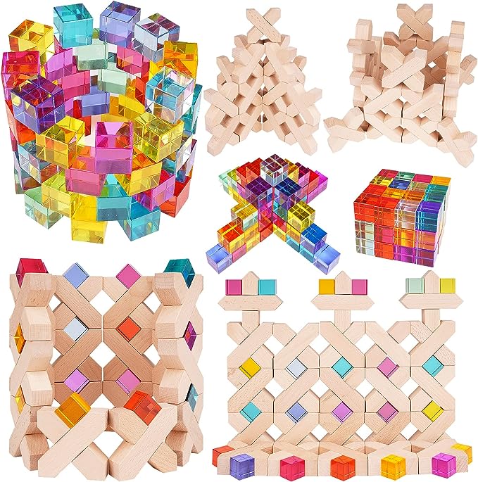 Agirlgle Wooden Rainbow Building Blocks Cube Gem Stacking Blocks Toy – Colorful Montessori Rainbow Stacker Toy Elegant Wood Rainbow Cube Blocks- Acrylic Blocks Educational Toys for Toddlers- 80Pcs