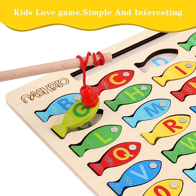 Magnetic Wooden Fishing Game Toy for Toddlers, Alphabet Fish Catching Counting Games Puzzle with Numbers and Letters, Preschool Learning ABC and Math Educational Toys for 3 4 5 Years Old Girl Boy Kids
