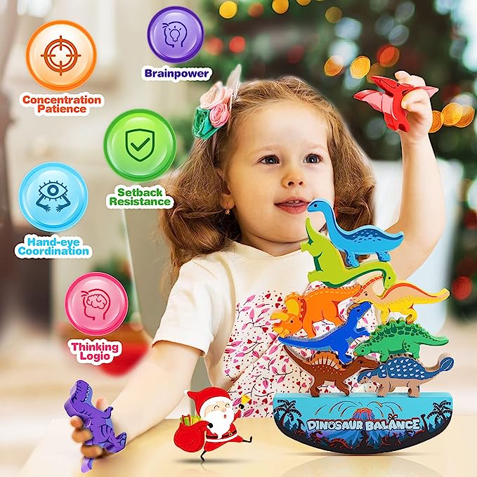 IPOURUP Dinosaur Toys for Kids 3-5: Wooden Stacking Montessori Toys for 3-7 Year Old Balance Competition Game for Family Ideal Easter and Birthday Gifts for Kids (Classic Version)