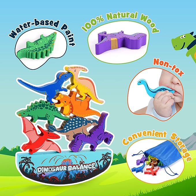 IPOURUP Dinosaur Toys for Kids 3-5: Wooden Stacking Montessori Toys for 3-7 Year Old Balance Competition Game for Family Ideal Christmas and Birthday Gifts for Kids (Double Version)