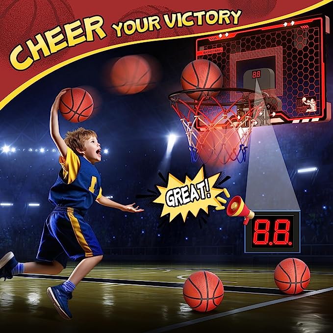 HopeRock Indoor Basketball Hoop for Kids, Indoor Over The Door Mini Basketball Hoops, LED Light Mini Hoop with Electronic Scoreboard, Basketball Game Toys Gifts for 5 6 7 8 9 10 11 12+ Year Old Boys