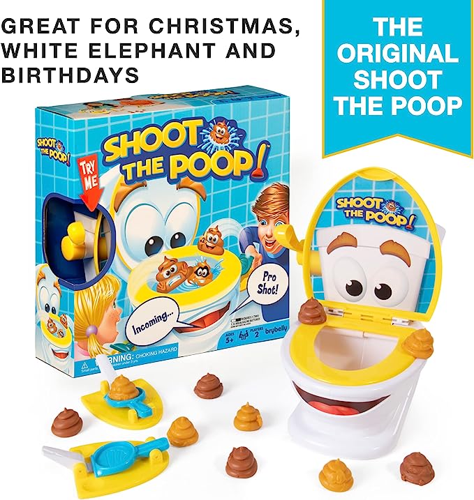 The Original Shoot The Poop – Funny Family Game – Fast and Frenzied Flushing Poop Game with Fun Sounds for Kids – Includes Talking Toilet Bowl, Dexterity Launchers, 12 Soft Plastic Toy Poops