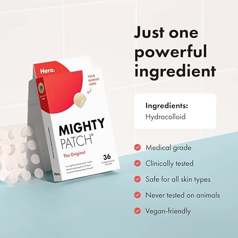 Mighty Patchâ„¢ Original patch from Hero Cosmetics – Hydrocolloid Acne Pimple Patch for Covering Zits and Blemishes, Spot Stickers for Face and Skin, Vegan-friendly and Not Tested on Animals (36 Count)