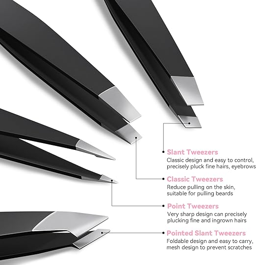 FACEMADE 4 Pack Tweezers Set – Professional Stainless Steel for Men and Women, Precision Eyebrow Facial Hair, Chin, Ingrown Hair Removal (Black) (T4)