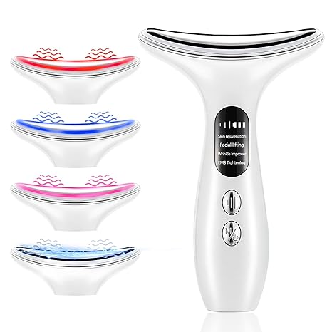Aikertec Neck Face Massager, Electric Face and Neck Lifting Face Contouring Tool with 3 Colors of LED, Heating and Vibrating Skin Rejuvenating Beauty Device to Lift and Tighten Sagging Skin (White)
