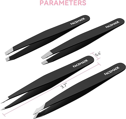 FACEMADE 4 Pack Tweezers Set – Professional Stainless Steel for Men and Women, Precision Eyebrow Facial Hair, Chin, Ingrown Hair Removal (Black) (T4)