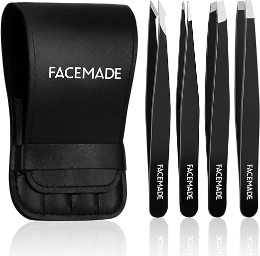 FACEMADE 4 Pack Tweezers Set – Professional Stainless Steel for Men and Women, Precision Eyebrow Facial Hair, Chin, Ingrown Hair Removal (Black) (T4)