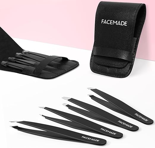 FACEMADE 4 Pack Tweezers Set – Professional Stainless Steel for Men and Women, Precision Eyebrow Facial Hair, Chin, Ingrown Hair Removal (Black) (T4)