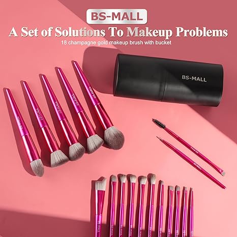 BS-MALL Makeup Brush Set 18 Pcs Premium Synthetic Foundation Powder Concealers Eye shadows Blush Makeup Brushes with black case (C-DarkPink)