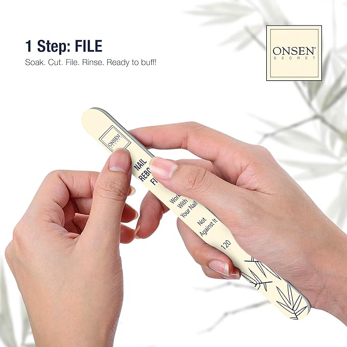 Onsen Secret Ultimate Nail Reboot Kit – Professional Nail File and Buffer, 3-Way Block w/Replacement Pads, Nail Strengthening Cuticle Cream, Reboot Oil & Anti Aging Hand Lotion