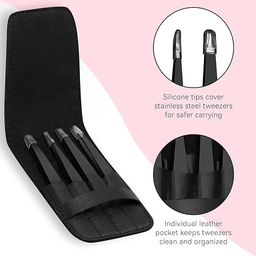 FACEMADE 4 Pack Tweezers Set – Professional Stainless Steel for Men and Women, Precision Eyebrow Facial Hair, Chin, Ingrown Hair Removal (Black) (T4)