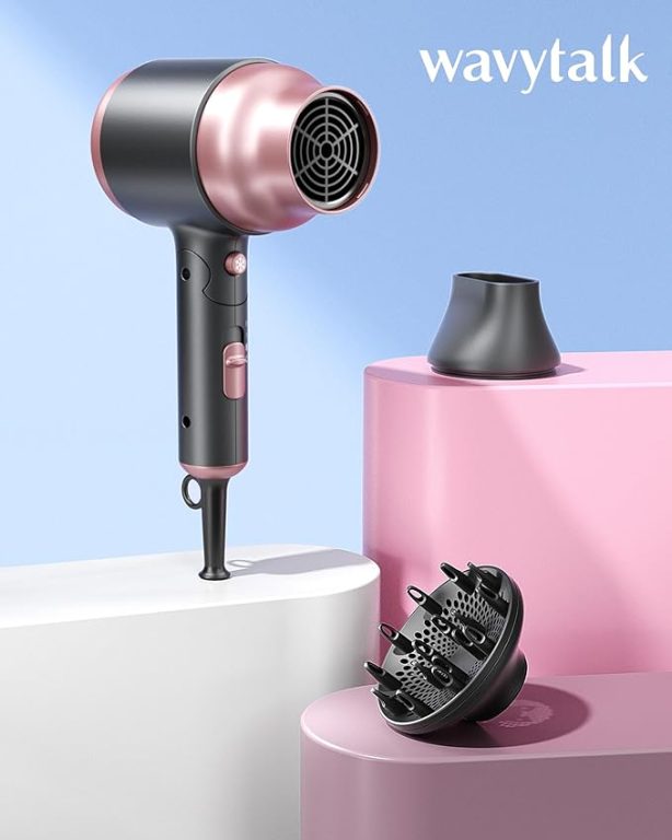 Wavytalk Portable Hair Dryer with Diffuser, Foldable Mini Hair Dryer with Lightweight Design, 1600W Small Hair Blow Dryer with Diffuser for Curly Hair Fast Drying, Grey