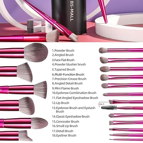BS-MALL Makeup Brush Set 18 Pcs Premium Synthetic Foundation Powder Concealers Eye shadows Blush Makeup Brushes with black case (C-DarkPink)