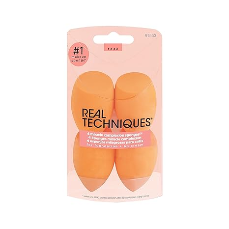 Real Techniques Miracle Complexion Sponge, Makeup Blending Sponge, For Foundation, Offers Light To Medium Coverage, Natural, Dewy Makeup, Orange Sponge, Packaging May Vary, 4 Count
