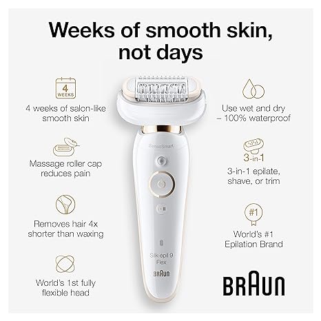 Braun Epilator Silk-épil 9 Flex 9-300 Beauty Set, Facial Hair Removal for Women, Hair Removal Device, Shaver & Trimmer, Cordless, Rechargeable, Wet & Dry, FaceSpa