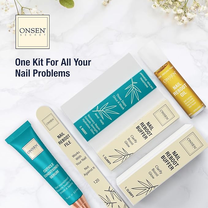 Onsen Secret Ultimate Nail Reboot Kit – Professional Nail File and Buffer, 3-Way Block w/Replacement Pads, Nail Strengthening Cuticle Cream, Reboot Oil & Anti Aging Hand Lotion