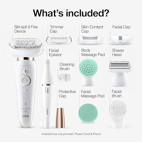 Braun Epilator Silk-épil 9 Flex 9-300 Beauty Set, Facial Hair Removal for Women, Hair Removal Device, Shaver & Trimmer, Cordless, Rechargeable, Wet & Dry, FaceSpa
