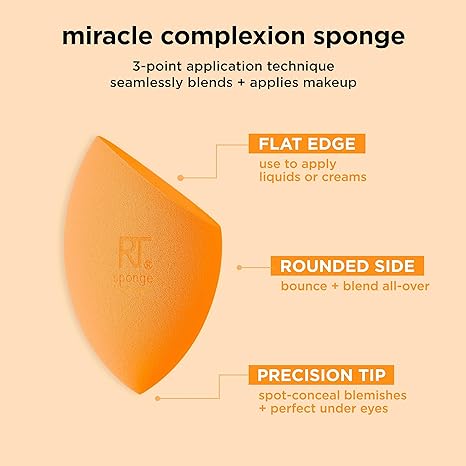 Real Techniques Miracle Complexion Sponge, Makeup Blending Sponge, For Foundation, Offers Light To Medium Coverage, Natural, Dewy Makeup, Orange Sponge, Packaging May Vary, 4 Count