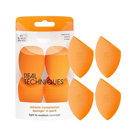 Real Techniques Miracle Complexion Sponge, Makeup Blending Sponge, For Foundation, Offers Light To Medium Coverage, Natural, Dewy Makeup, Orange Sponge, Packaging May Vary, 4 Count