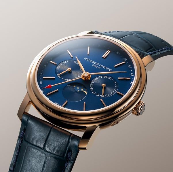 Frederique Constant Men’s Swiss Made Classic Business Timer Moonphase Rose Gold Stainless Steel Case Watch, Blue Leather Strap, Style: FC-270N4P4