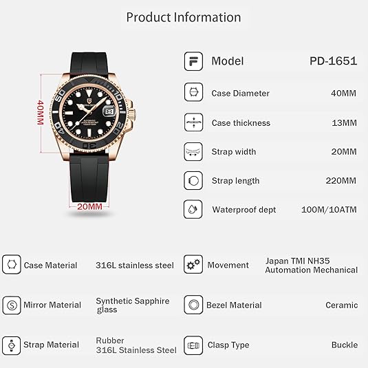 Men Watches Pagani Design Watch for Men Automatic NH35 Mechanical 100M Waterproof Stainless Steel Sapphire Glass Yacht Wristwatch PD-1651