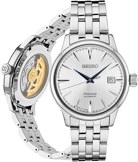 SEIKO SRPB77 Automatic Watch for Men – Presage Cocktail Time – Patterned Silver Dial with Gloss Finish, Date Calendar, 50m Water-Resistant