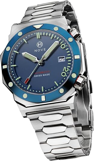 NOVE Marine – Swiss Made Automatic Dive Watches for Men and Women, 13.05mm Thin, 44mm Case Size, 200m Water Resistance, 44mm Case Size, Blue & Stainless Steel