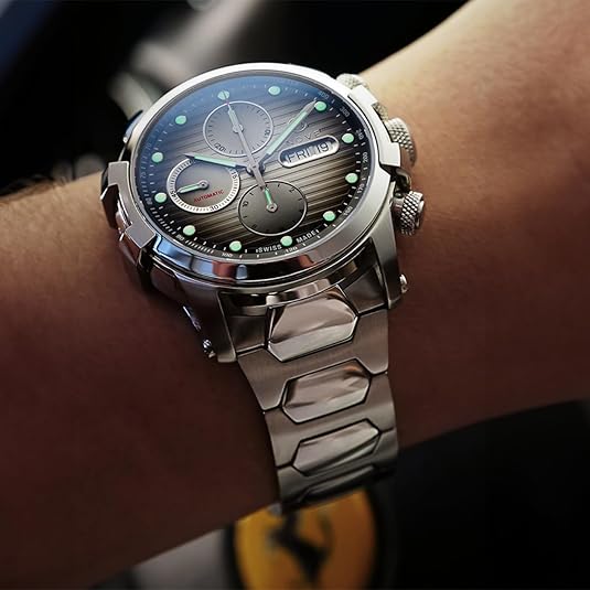 NOVE Modena 500 Swiss Made Automatic Chronograph for Men & Women, 44mm case, 15.07mm Thin, 200m Water Resistant, Day Date Calendar, Stainless Steel Band, O001-02 (Silver)