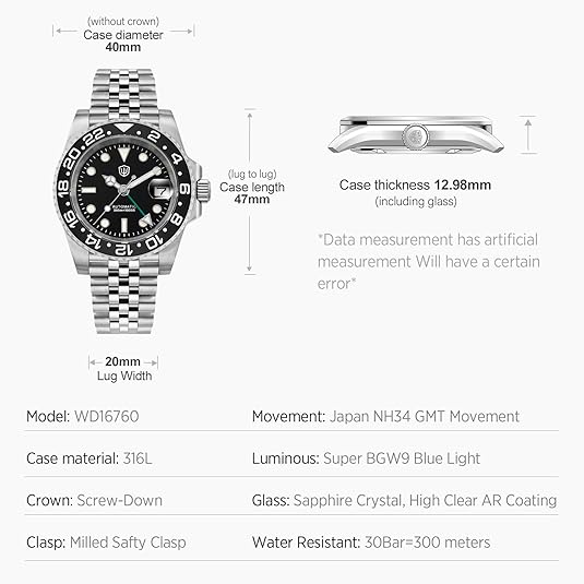 watchdives GMT Watches for Men, WD16760 Sub Dive Watch NH34 Automatic Wristwatch 40mm Ceramic Bezel Sapphire Crystal 300M Waterproof