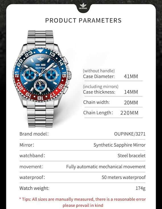 OUPINKE Men’s Automatic Watch Self Winding Mechanical Luxury Wrist Watch Sapphire Crystal Tungsten Steel