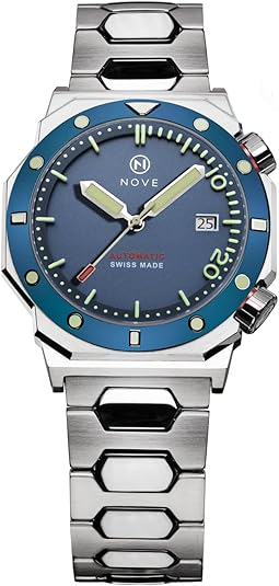 NOVE Marine – Swiss Made Automatic Dive Watches for Men and Women, 13.05mm Thin, 44mm Case Size, 200m Water Resistance, 44mm Case Size, Blue & Stainless Steel