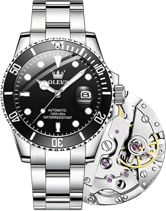 【Upgrade】OLEVS Men’s Automatic Watches,Classic Business Big Face Self Winding Mechanical Watch with Date,Luxury Unidirectional Rotating Bezel Waterproof Large Luminous Pointer Watch for Men,Gold Silver Band