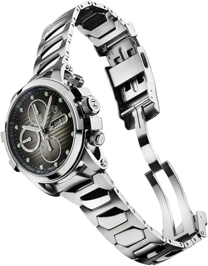 NOVE Modena 500 Swiss Made Automatic Chronograph for Men & Women, 44mm case, 15.07mm Thin, 200m Water Resistant, Day Date Calendar, Stainless Steel Band, O001-02 (Silver)